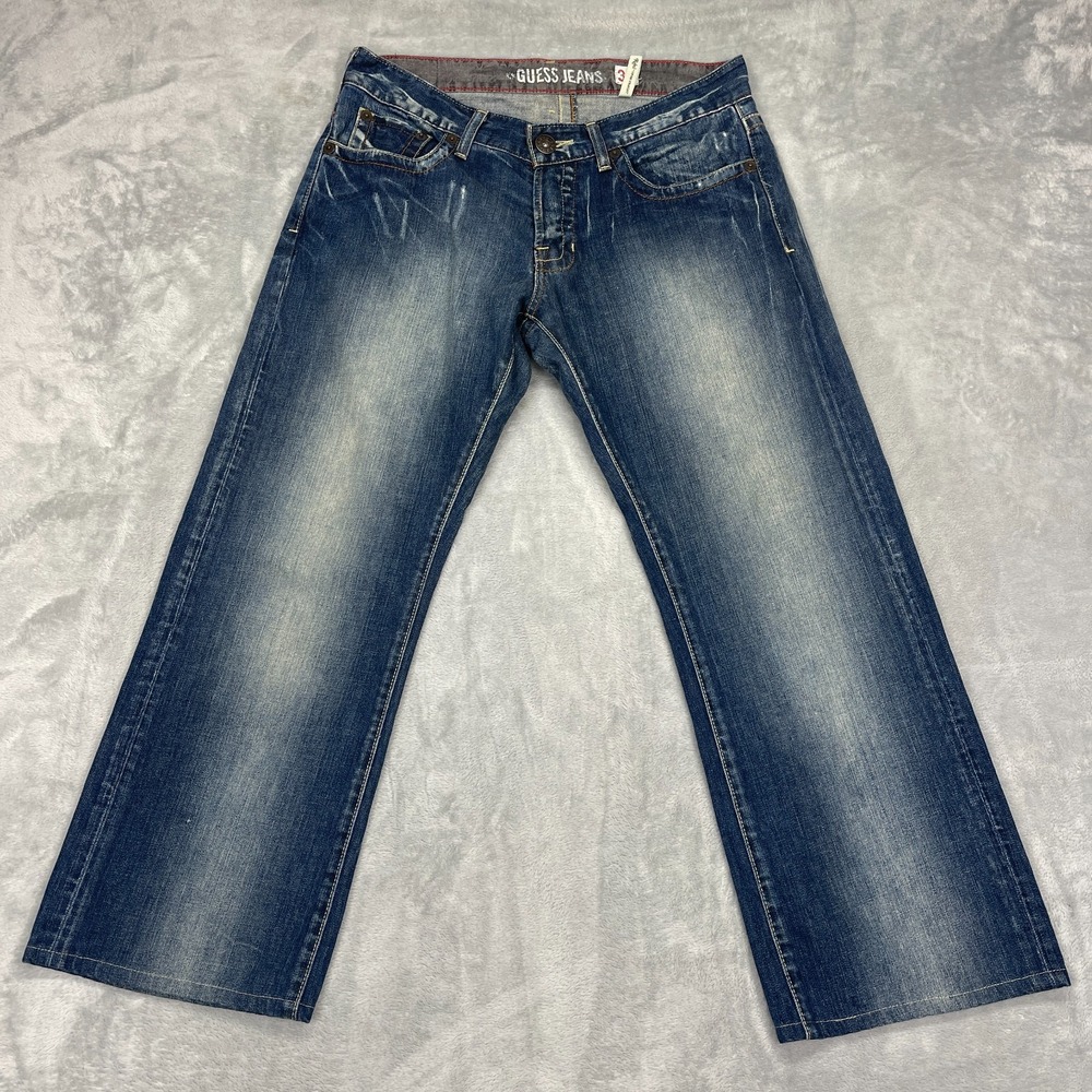 Guess Jeans Womens 33 (33x28) Blue Denim Rebel Low Rise Distressed Straight Leg